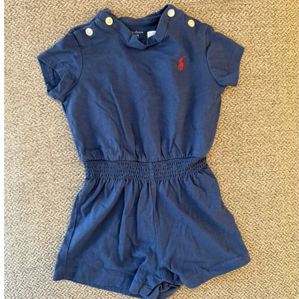 Ralph‎ Lauren Baby Girls Blue Cotton Red Pony Cap Sleeve Playsuit Romper 12M